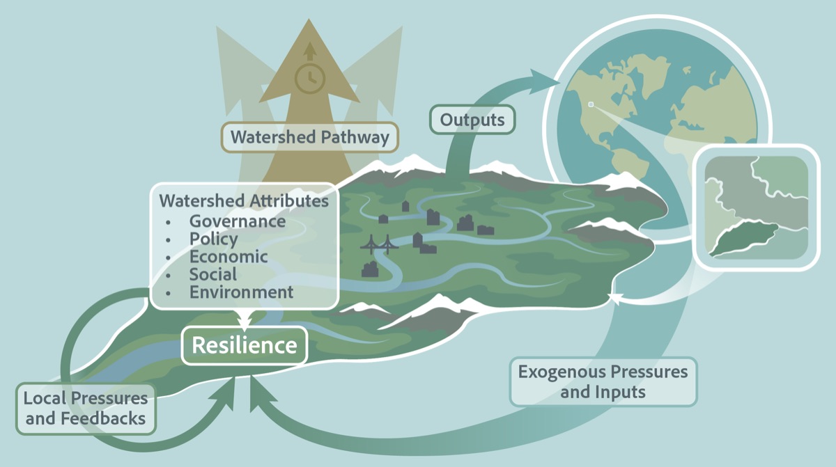 Diagram of a watershed: its attributes, local pressures and pathways to resilience